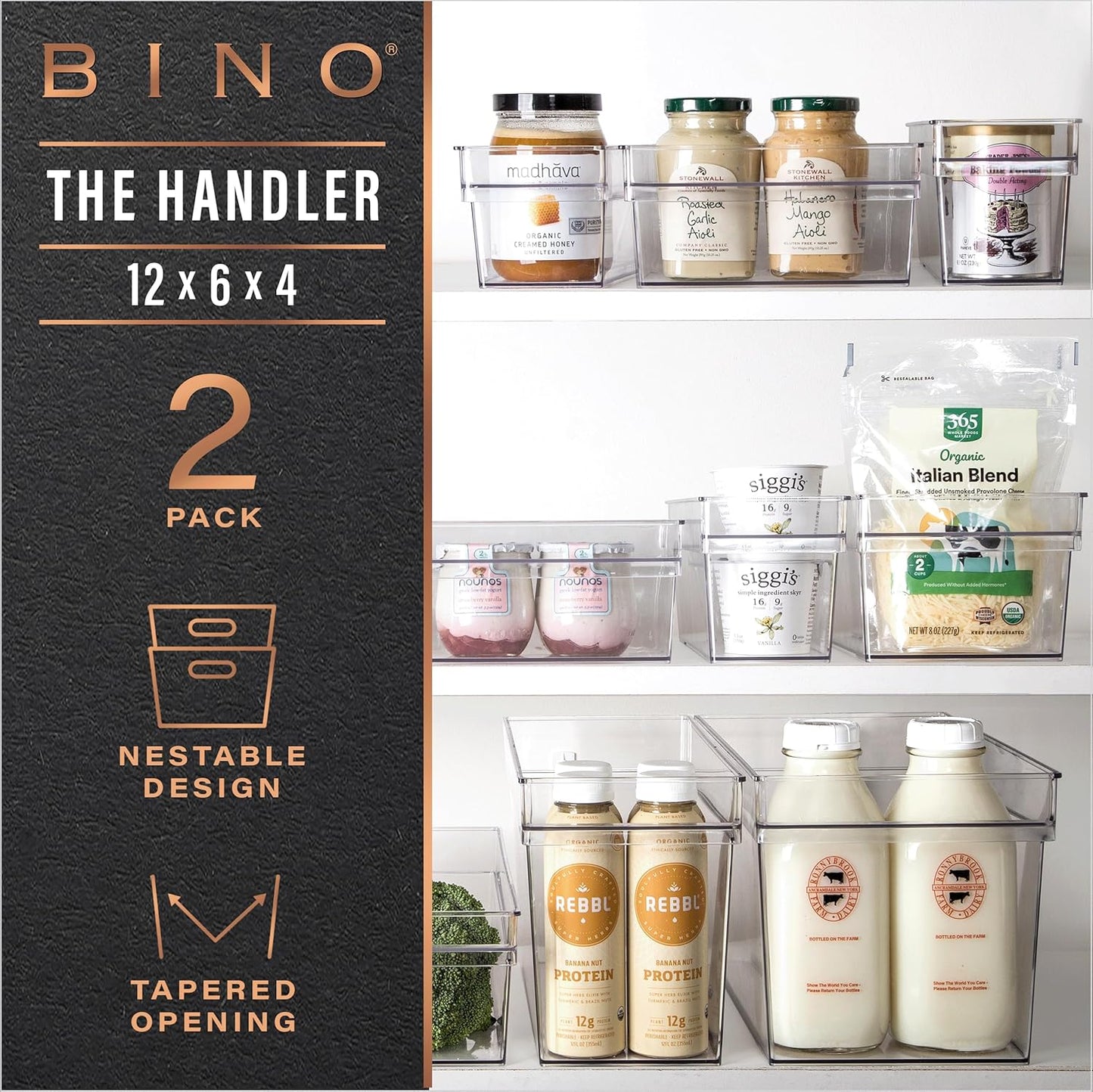 BINO | Plastic Storage Bins, Medium - Shallow | THE HANDLER COLLECTION | Multipurpose Organizer Bins | Kitchen Pantry Organizers and Storage | Clear Containers for Organizing Home | Freezer Organizer