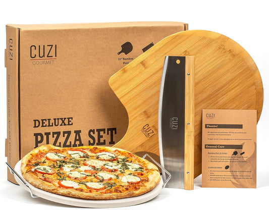 Cuzi Gourmet 4-Piece Large Pizza Stone Set - 13" Thermal Shock Resistant Cordierite Pizza Stone with Handle Rack, 19" Natural Bamboo Pizza Peel & Pizza Cutter - Large Baking Stone for Grill and Oven