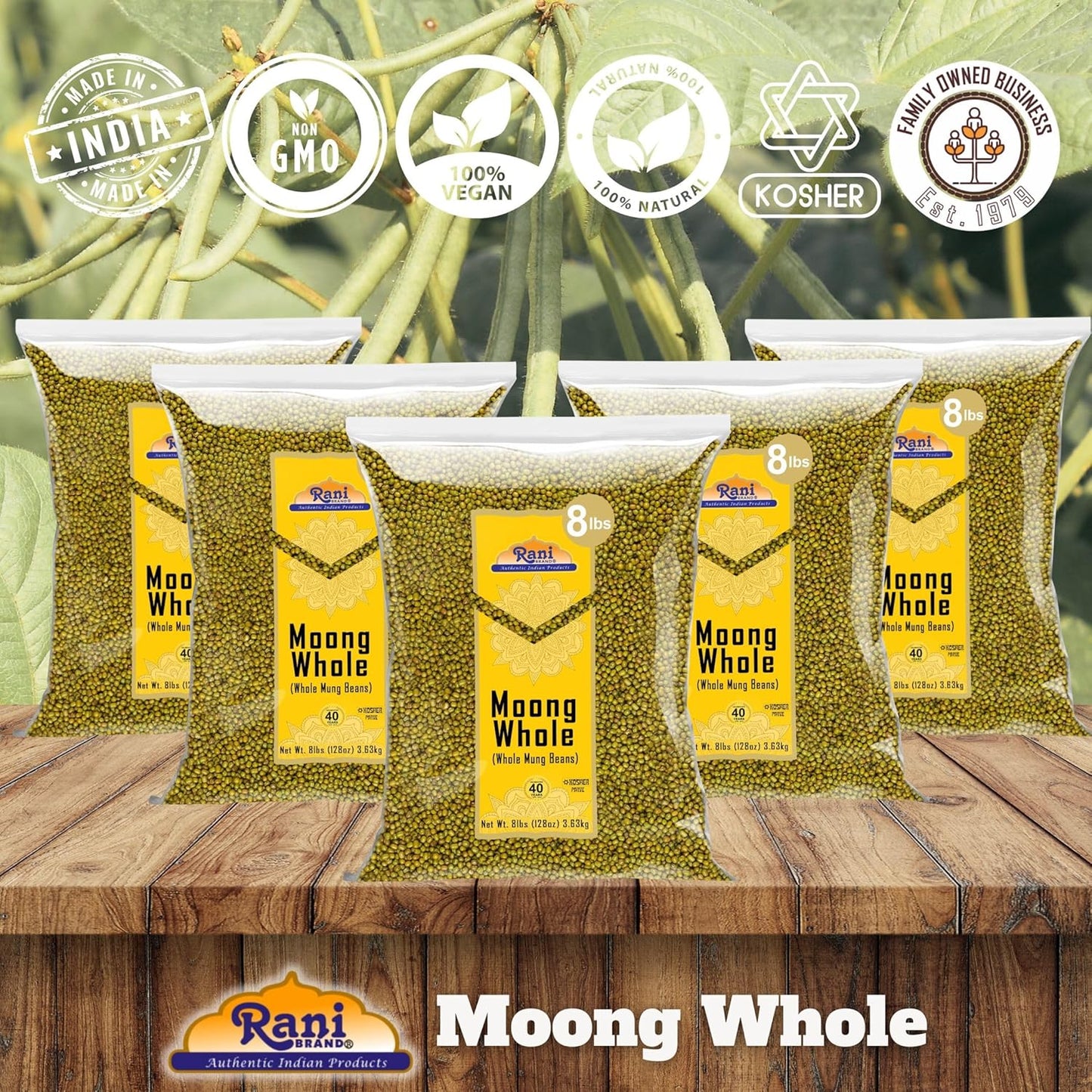 Rani Moong Whole (Ideal for Cooking & Sprouting, Whole Mung Beans w/Skin) Lentils Indian 128oz (8lbs) x Pack of 5 (Total 40lbs) Bulk ~ All Natural | Gluten Friendly | Non-GMO | Vegan | Indian Origin