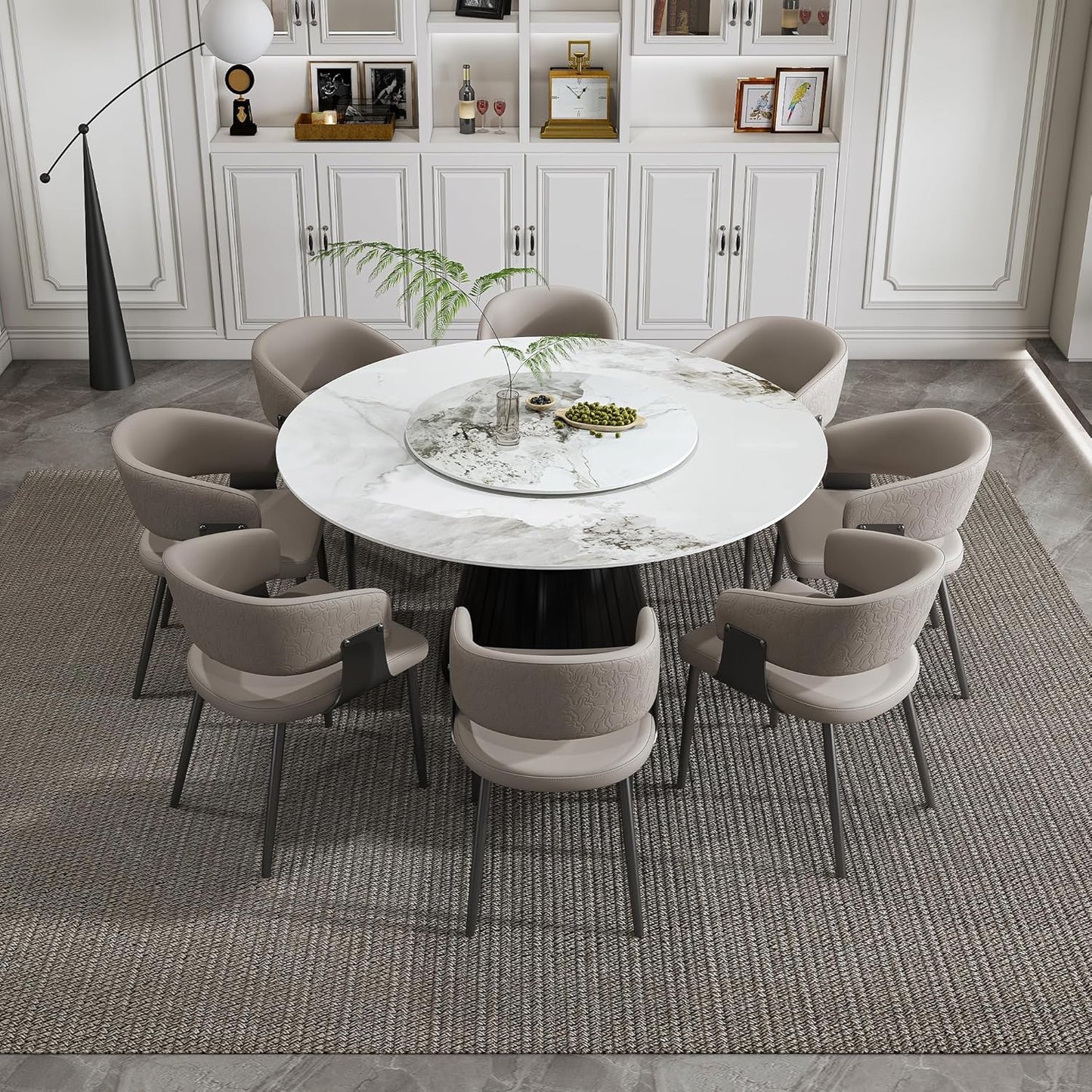 Montary 9 Piece Dining Table Chairs Set, Modern Dining Table Set of 8, Includes 59" D Marble Round Table with Black Metal Cone Base, 8 Gray Texture Dining Chairs for Home, Kitchen