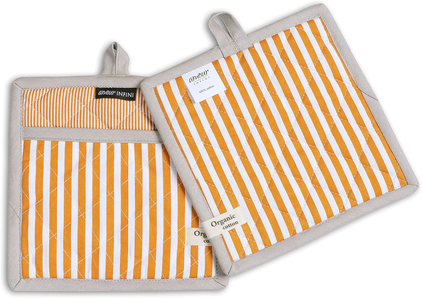 AMOUR INFINI Pot Holders Heat Resistant Cotton Set of 3 Nonslip 8"x8" Inch Hot Pads for Kitchen, BBQ, Baking & Cooking with Hanging Loops (Stripe Yellow)