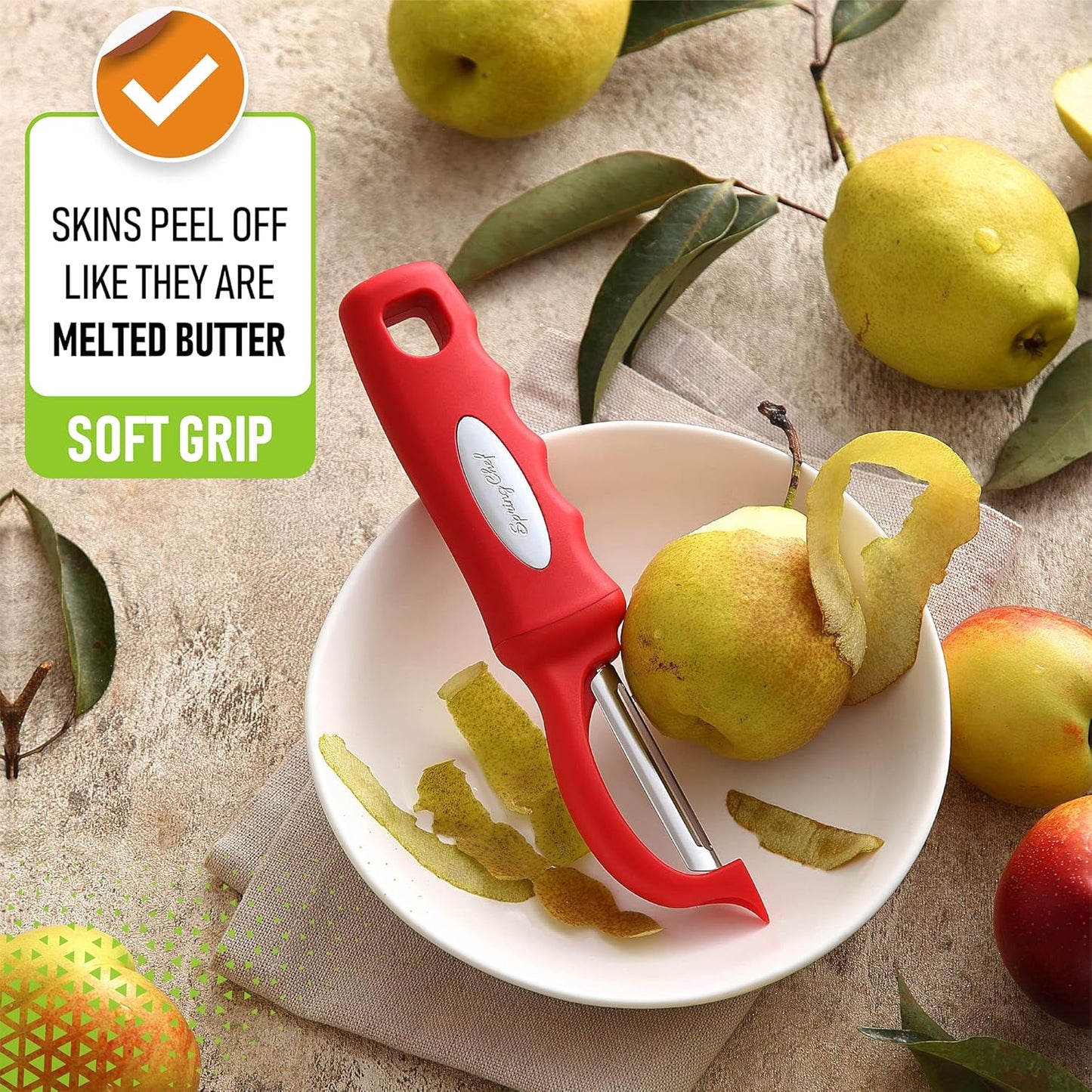 Spring Chef Professional Red Swivel Vegetable Peeler for Kitchen, Stainless Steel Potato Peelers with Soft Grip Handle, Perfect for Peeling Apple, Veggie, Fruit, Carrot, Dishwasher Safe - Set of 2