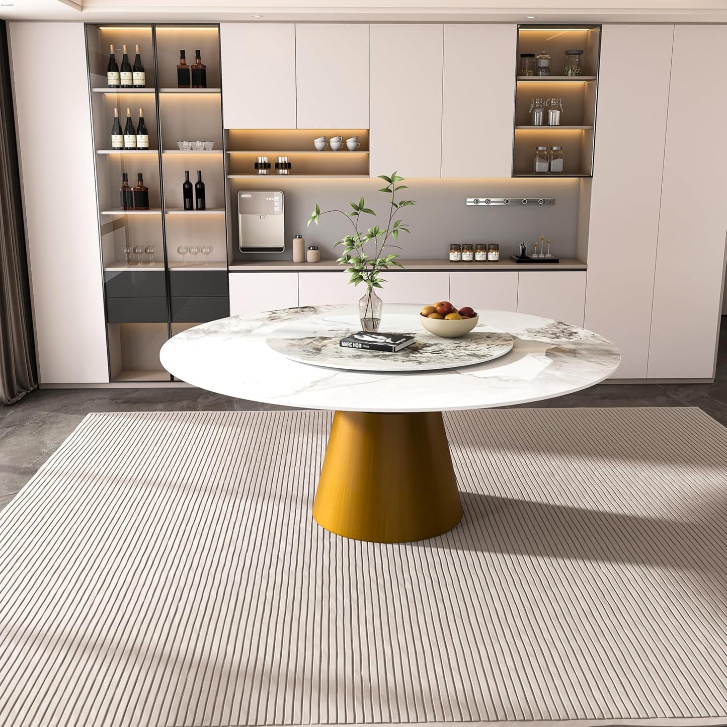 Montary 59" Modern Artificial Marble Round Dining Table with Bronzed Stainless Steel Cone Base & 31.5" White Sintered Stone Turntable, Dining Room Table with Lazy Susan for 6-8 (Only Table)