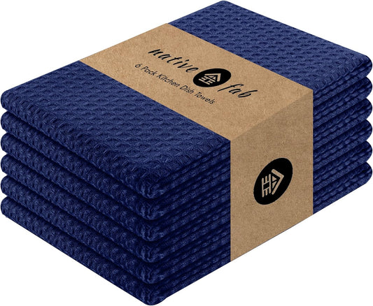 Native Fab Waffle Kitchen Towel - 6 Pack - Absorbent Dish Towel for Cleaning, Drying, and Cooking - 100% Cotton Durable Kitchen Essential for Home Use, Quick Drying Towels, 16x26 inches - Ink Blue