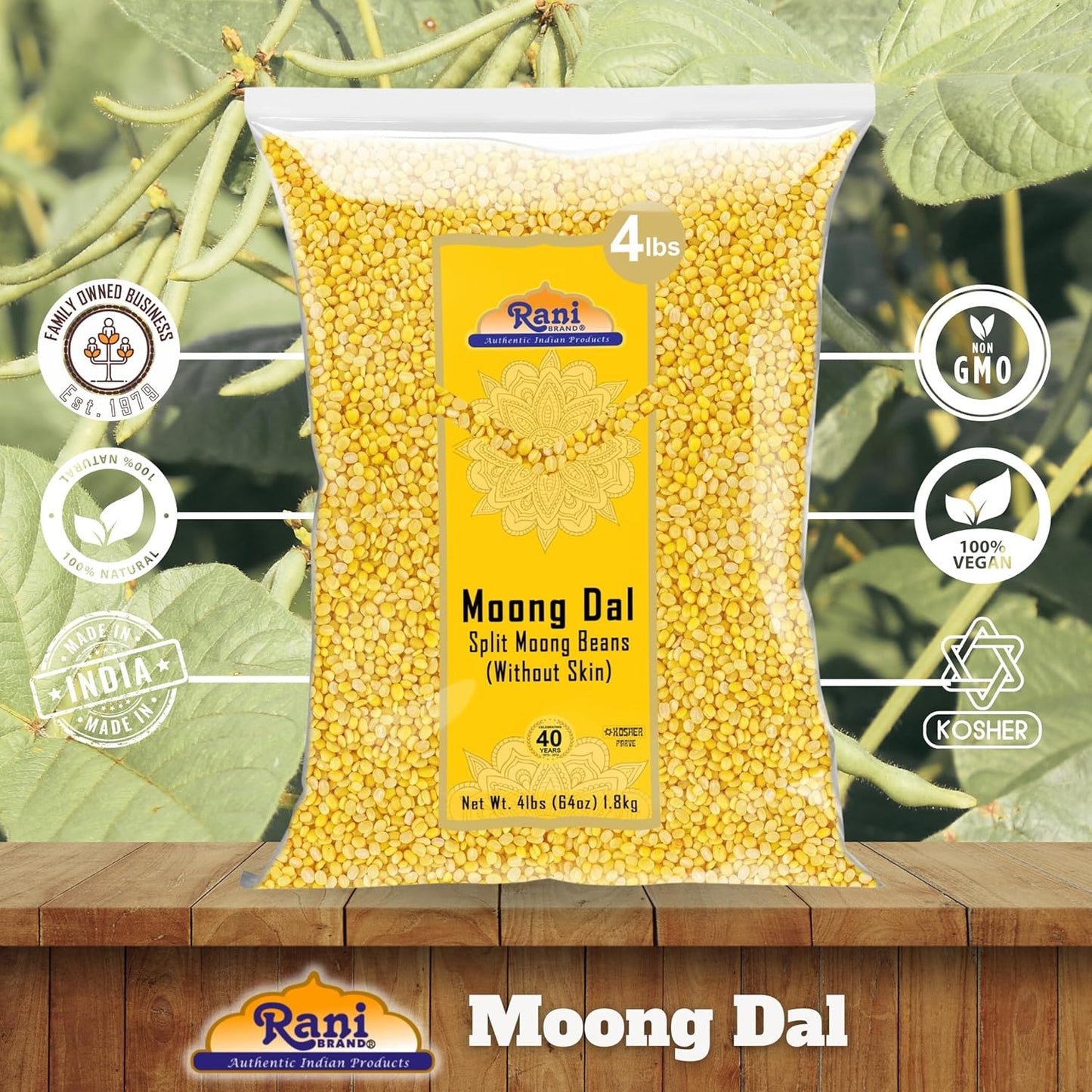 Rani Moong Dal (Split Mung Beans Without Skin) Lentils Indian 64oz (4lbs) 1.81kg Bulk ~ All Natural | Gluten Friendly | Non-GMO | Kosher | Vegan | Indian Origin