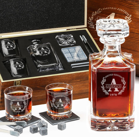 Personalized Whiskey Decanter and Stones Set - Customized Gift for Him - Men, Dad, Father - Engraved Classic Decanter, Glasses, 9 Granite Stones in Container, Coasters, Tongs in Wooden Gift Box