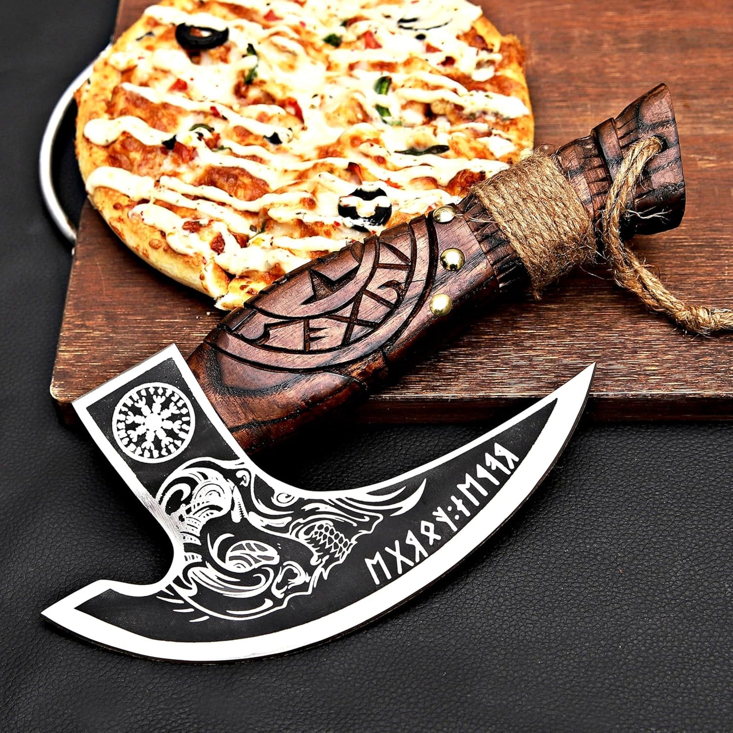 MR. CRAFT Pizza Cutter Axe Rocker Carbon Steel Slicer Chef Pizza Cutter Viking Axe with Leather Cover - Premium Pizza Oven Accessories Ulu Rocking Pizza Gift Gifts for Men (Royal Skull)