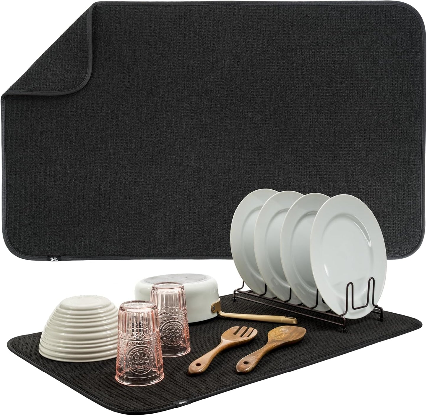 S&T INC. Dish Drying Mat Jumbo, 18” x 30”, Absorbent Microfiber Kitchen Counter Mat, Dish Drying Pad for Dishes, Utensils, Pots and Pans, Jumbo, Black