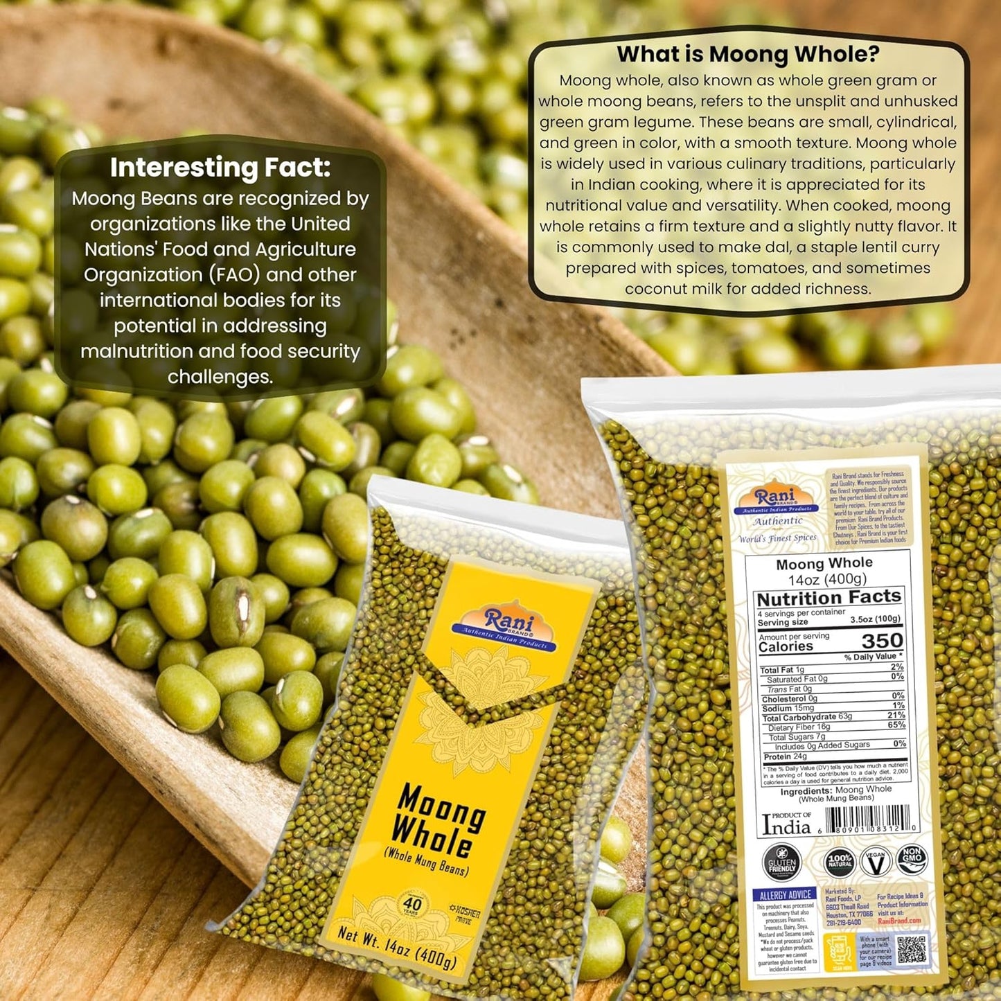 Rani Moong Whole (Ideal for cooking & sprouting, Whole Mung Beans with skin) Lentils Indian 14oz (400g) ~ All Natural | Gluten Friendly | Non-GMO | Kosher | Vegan | Indian Origin