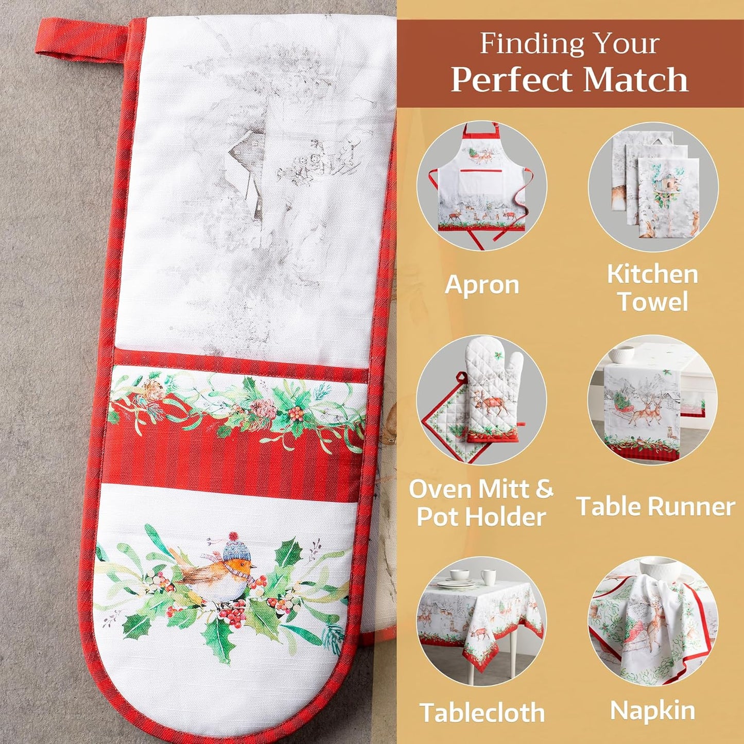 Maison d' Hermine Double Oven Mitts 100% Cotton 7"x35" Double Oven Mitt Heat Resistant BBQ Cooking Gloves with Loop, Baking, Grilling, Home, Kitchen, Handling Hot Pans (Christmas Tradition)