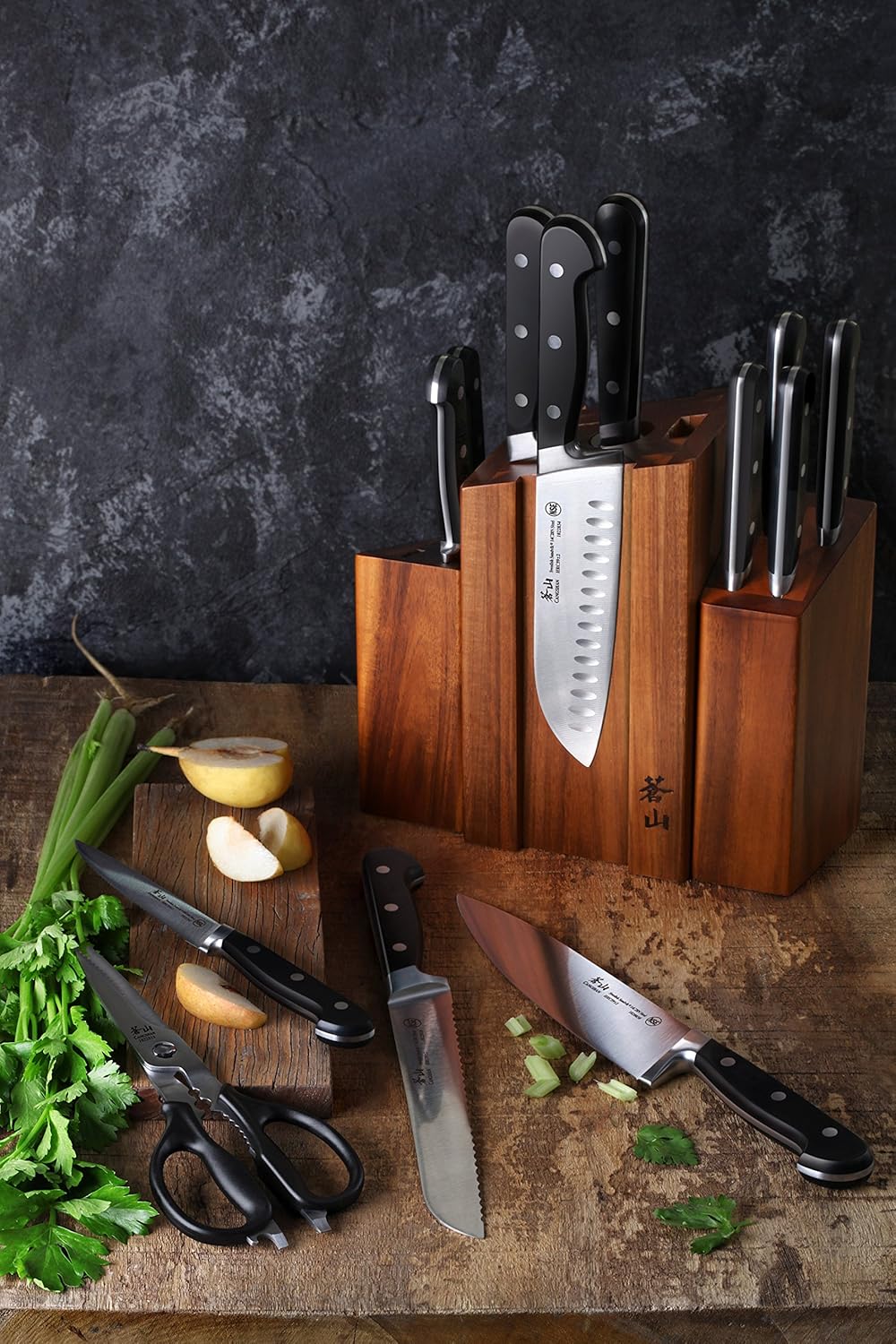 Cangshan TV2 Series 1023046 Swedish 14C28N Steel Forged 14-Piece DENALI Magnetic Knife Block Set, Acacia