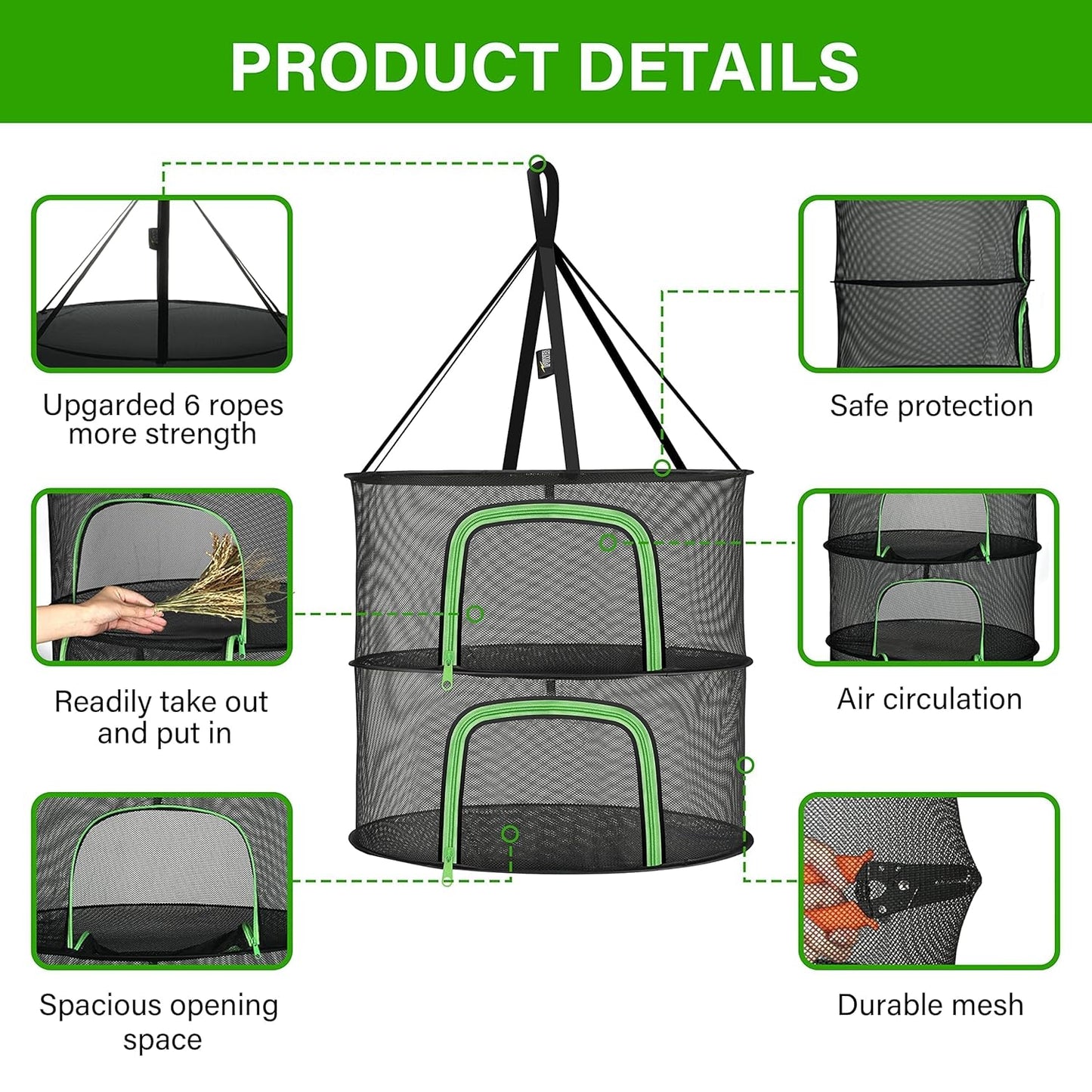 Simple Deluxe 2 Layer 24'' Herb Drying Rack with Hook, U-Zippered Design Hanging Dry Mesh Folding Basket Dryer for Clothes, Herbs