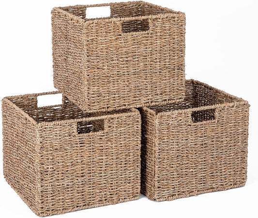 Seagrass Storage Baskets, 12X12X10in Cube Wicker Storage Basket for Shelves, Pantry Baskets Organization and Storage, Kitchen Storage Baskets, Bathroom Shelves Storage Basket Set of 3
