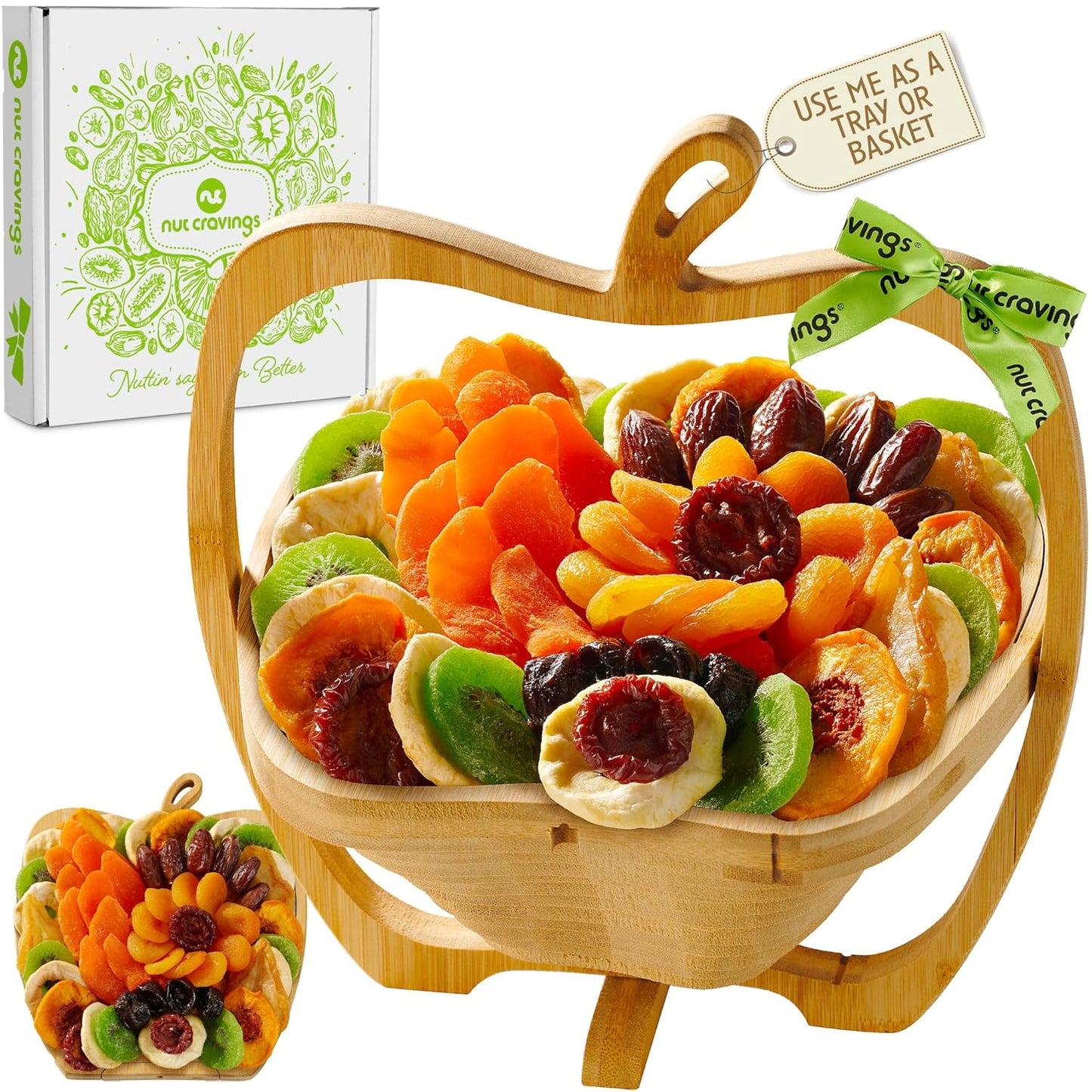 NUT CRAVINGS - Rosh Hashana & Shana Tova Dried Fruit Flower Arrangement in Wooden Apple-Shaped Gift Basket + Tray (9 Assortment) Healthy Snack Care Package, Food Assortments