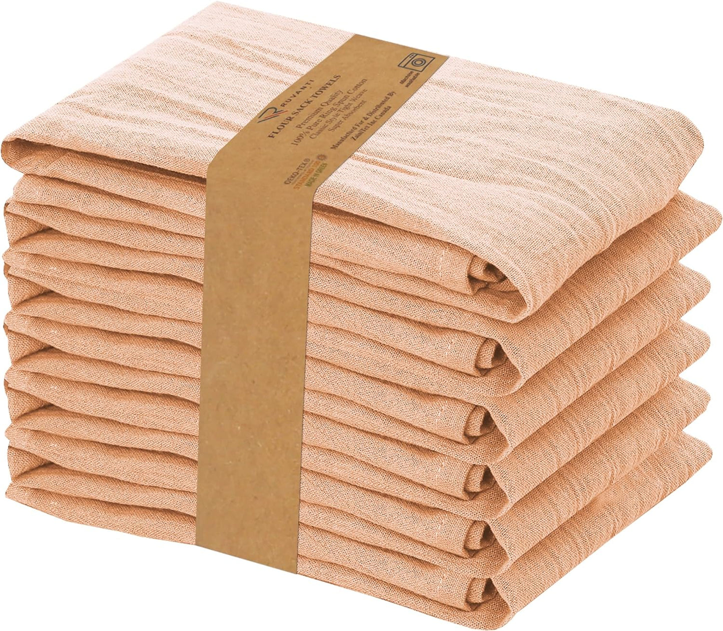 RUVANTI Flour Sack Towels 6 Pack 28x28 Inch, 100% Cotton Tea Towel, Reusable, Machine Washable, Absorbent BarTowels - Dish Cloth Perfect for Drying Dishes & Cleaning - Peach