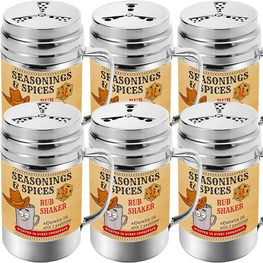 CUSINIUM [Pack of 6] 14 oz Seasonings Spice Shakers - BBQ Dry Rub Shakers - Cooking Dredge with Adjustable Fan-Style Lid and Handles