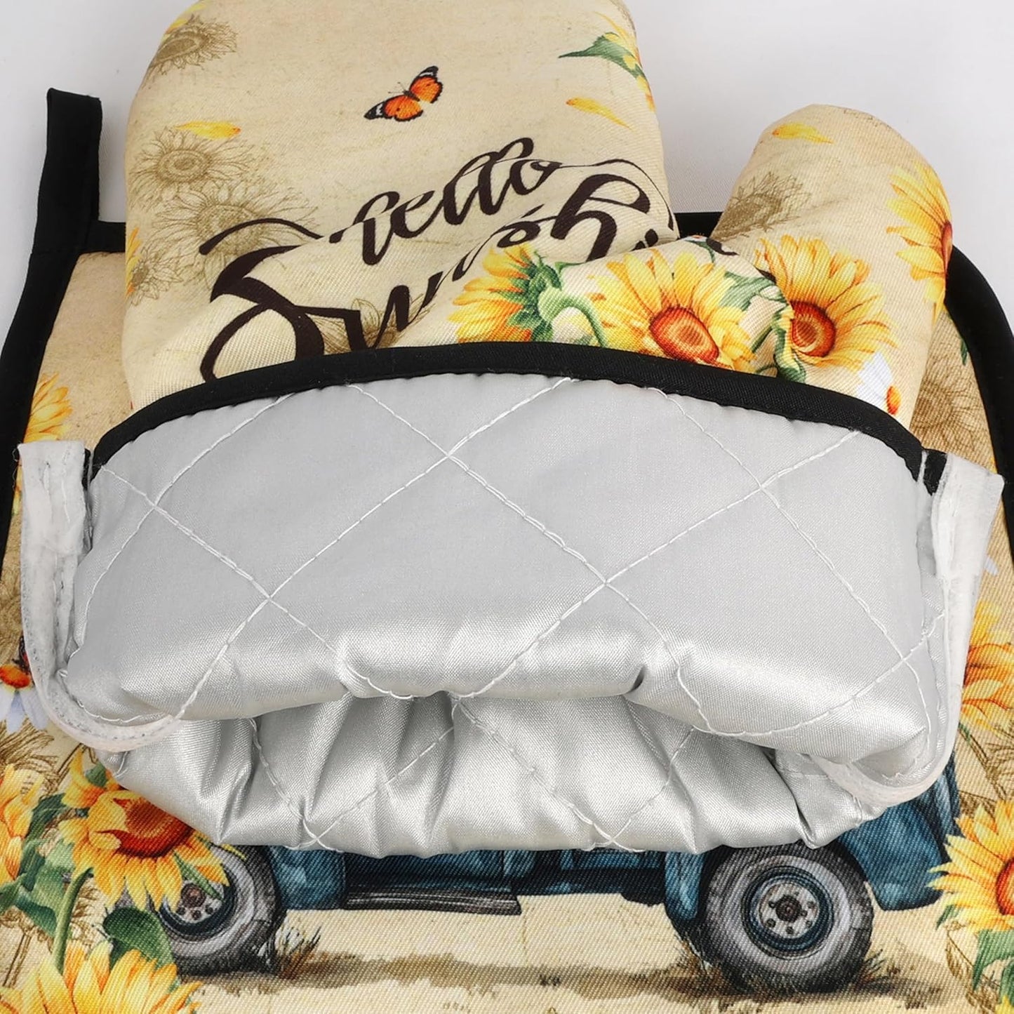 Sunflower Oven Mitts and Pot Holders Sets Vintage Floral Oven Gloves Heat Resistant 4 Pcs Farmhouse Decorative Kitchen Hot Pads and Mitts for Baking Cooking Grilling