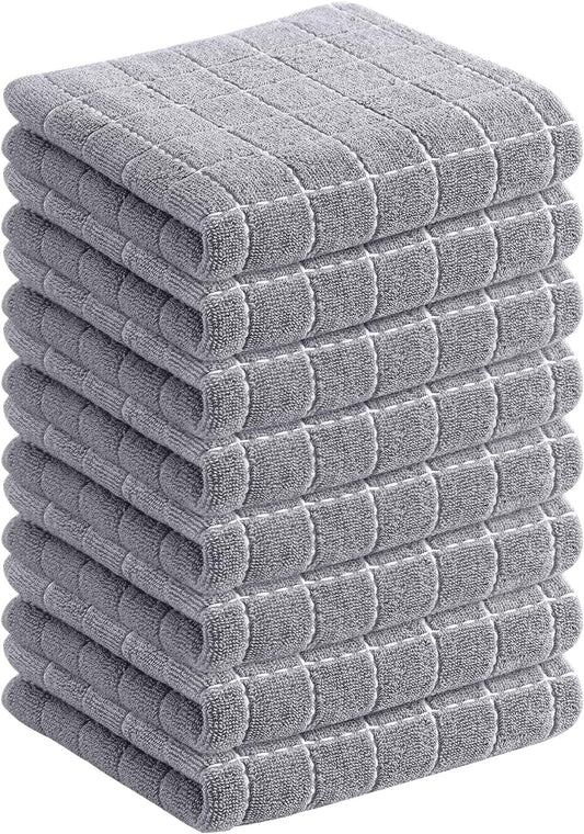 Homaxy 100% Cotton Terry Kitchen Towels(Light Grey, 13 x 28 inches), Checkered Designed, Soft and Super Absorbent Dish Towels, 8 Pack