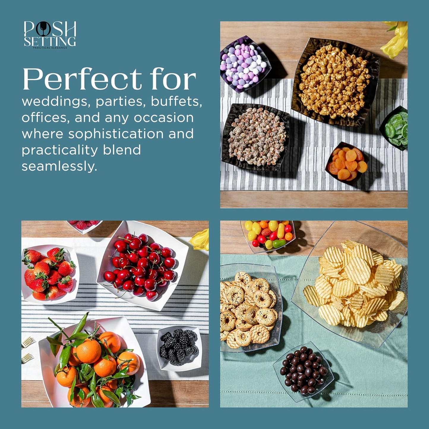 Posh Setting - Silver Glitter Plastic Serving Bowls for Party (8oz - 4 Pack) Square Bowls, Disposable Chip Bowls, Candy Bowls for Party Table, Salad Bowls for Party, Candy Containers for Candy Buffet