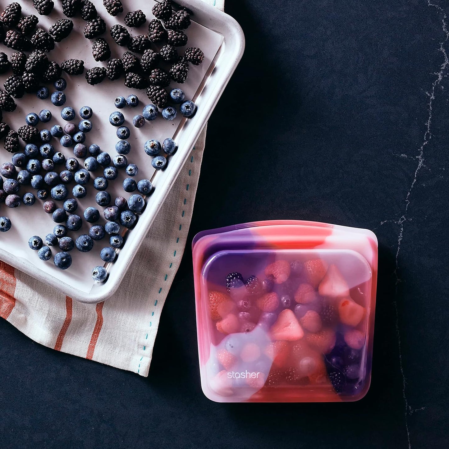 Stasher Premium Silicone Reusable Food Storage Bags, 6-Pack, Tie Dye Multi, Multi-Use Food Storage Bags, Lunch Bag, Travel Containers, BPA Free, Leak-free, Dishwasher-Safe, Eco-friendly