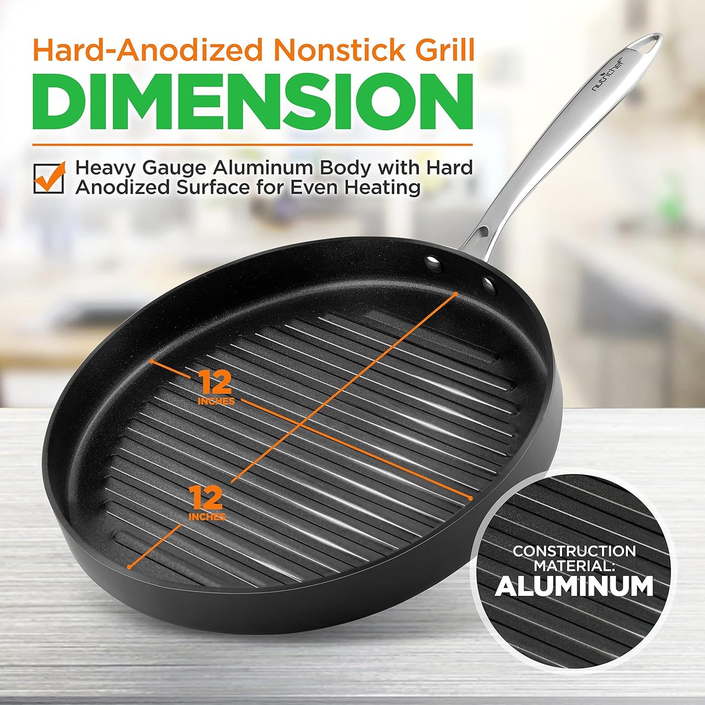 NutriChef Anodized Non-Stick Grill - Dishwasher Safe Nonstick Grill Pan Heavy Gauge Aluminum Body with Hard Anodized Surface for Even Heating, Max Temperature: 500° Fahrenheit (260° Celsius)