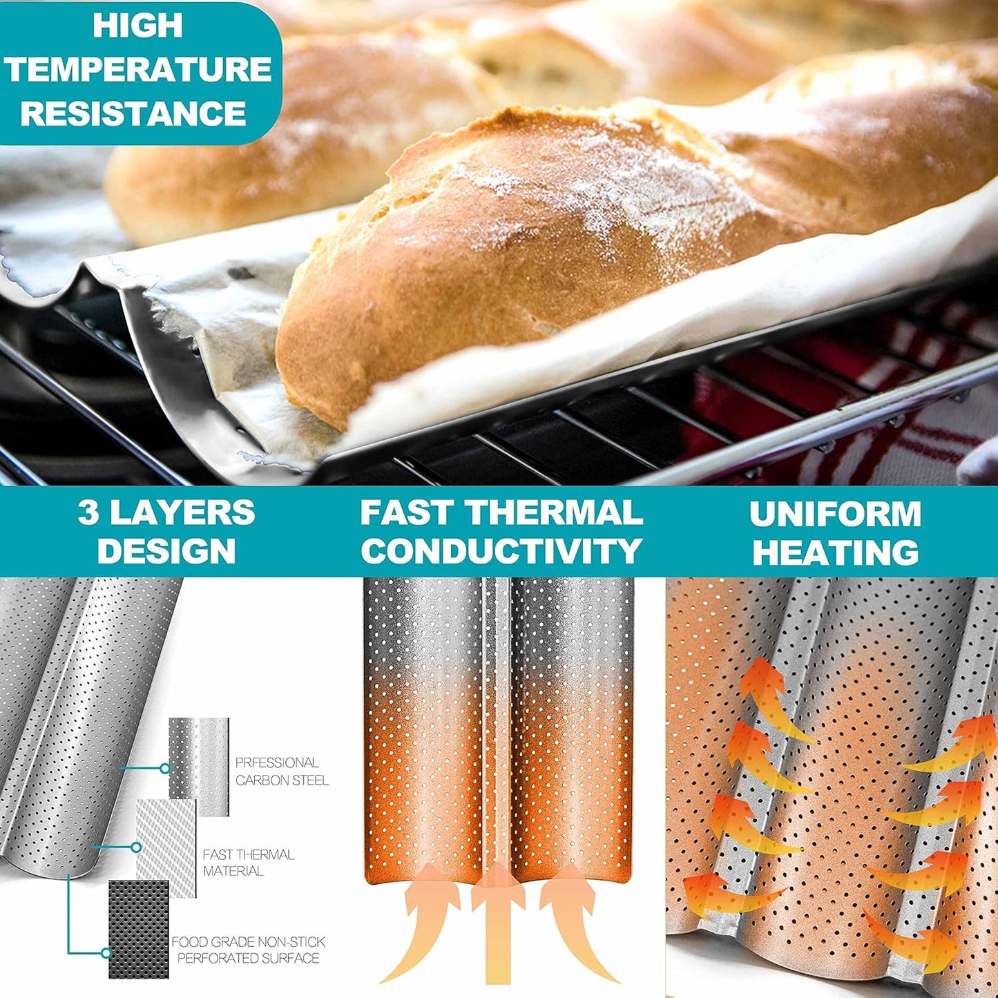 Anaeat Nonstick Perforated French Bread Baking Pan, 15"X 6.3" Premium Toast Mold, Silver