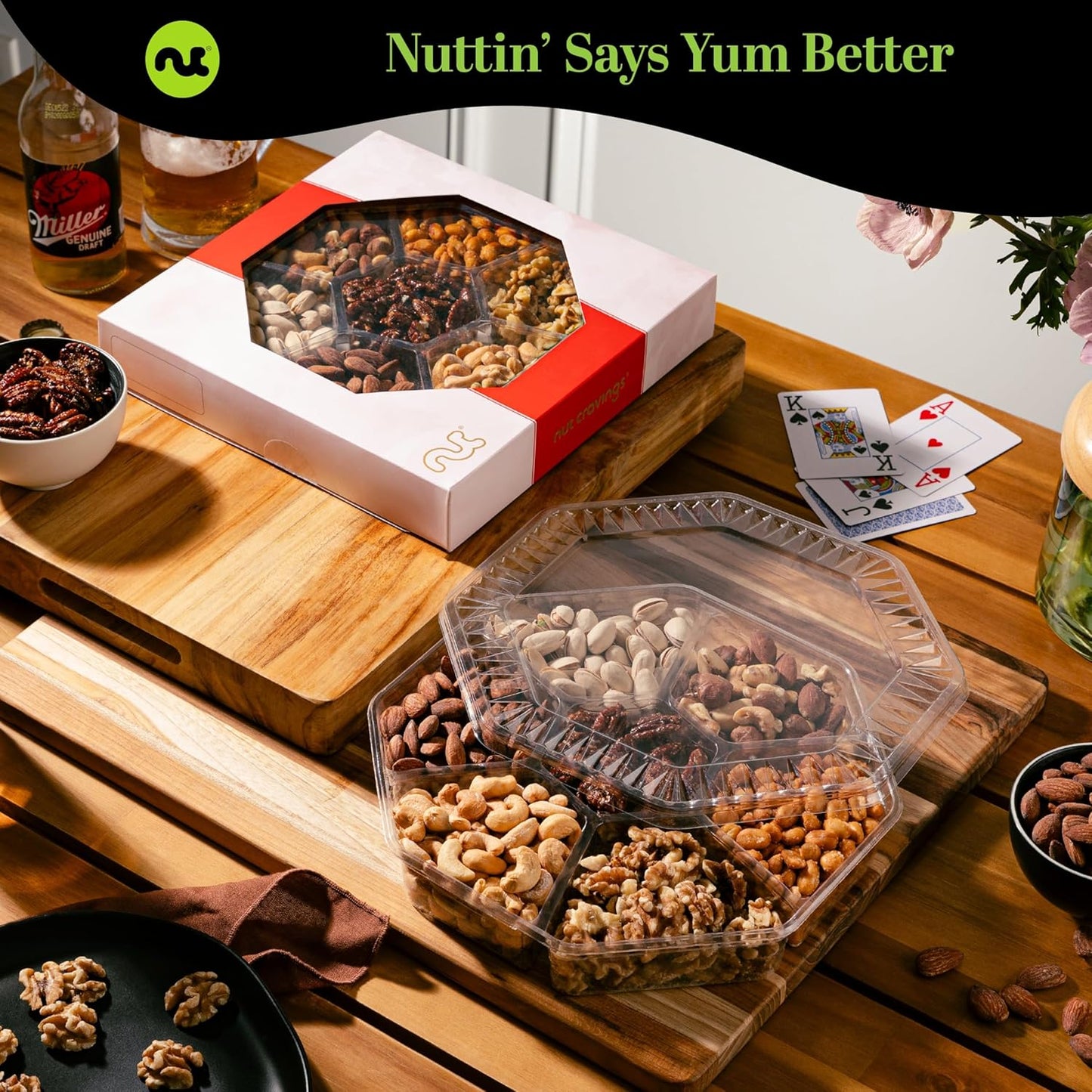 NUT CRAVINGS - Mixed Nuts Gift Basket in Red Gold Box (7 Assortments, 1 LB) Food Arrangement, Healthy Snack Care Package, Food Assortments