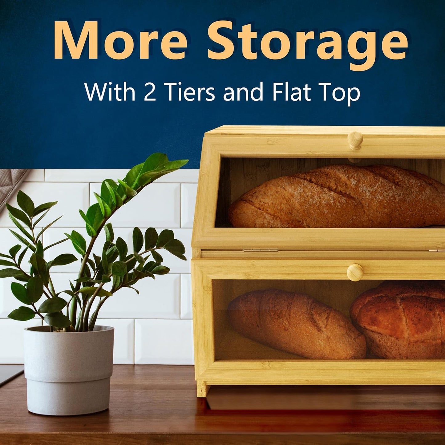Bamboo Bread Box Space Saving Rustic Flat-Top Bread Bin for Countertop - Store Bread Cake and Baked Goods - 15 x 9.8 inches (2 Tier box)