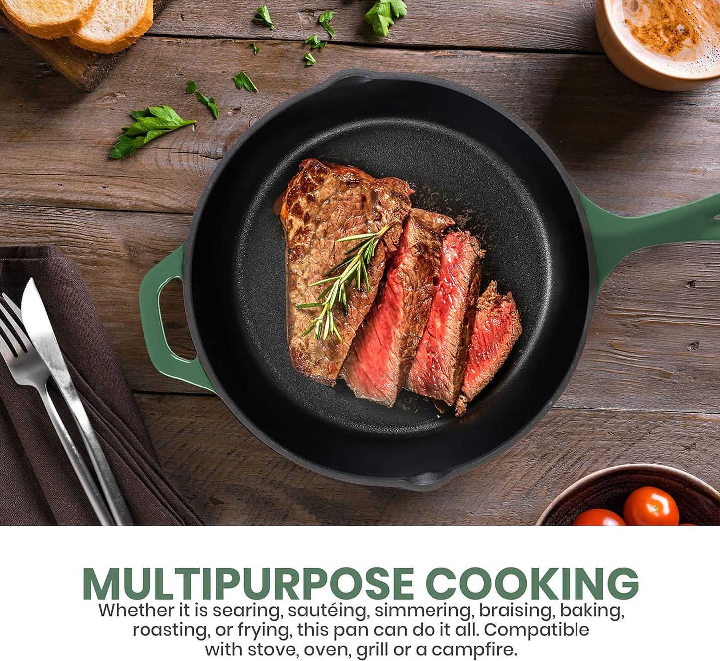 Utopia Kitchen Cast Iron Frying Pan 10.25 Inch, Cast Iron Chefs Pan, Pre Seasoned Skillet, Safe Grill Cookware for Indoor & Outdoor Use, Green