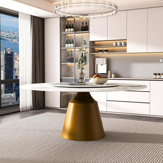 Montary 59" Modern Artificial Marble Round Dining Table with Bronzed Stainless Steel Cone Base & 31.5" White Sintered Stone Turntable, Dining Room Table with Lazy Susan for 6-8 (Only Table)