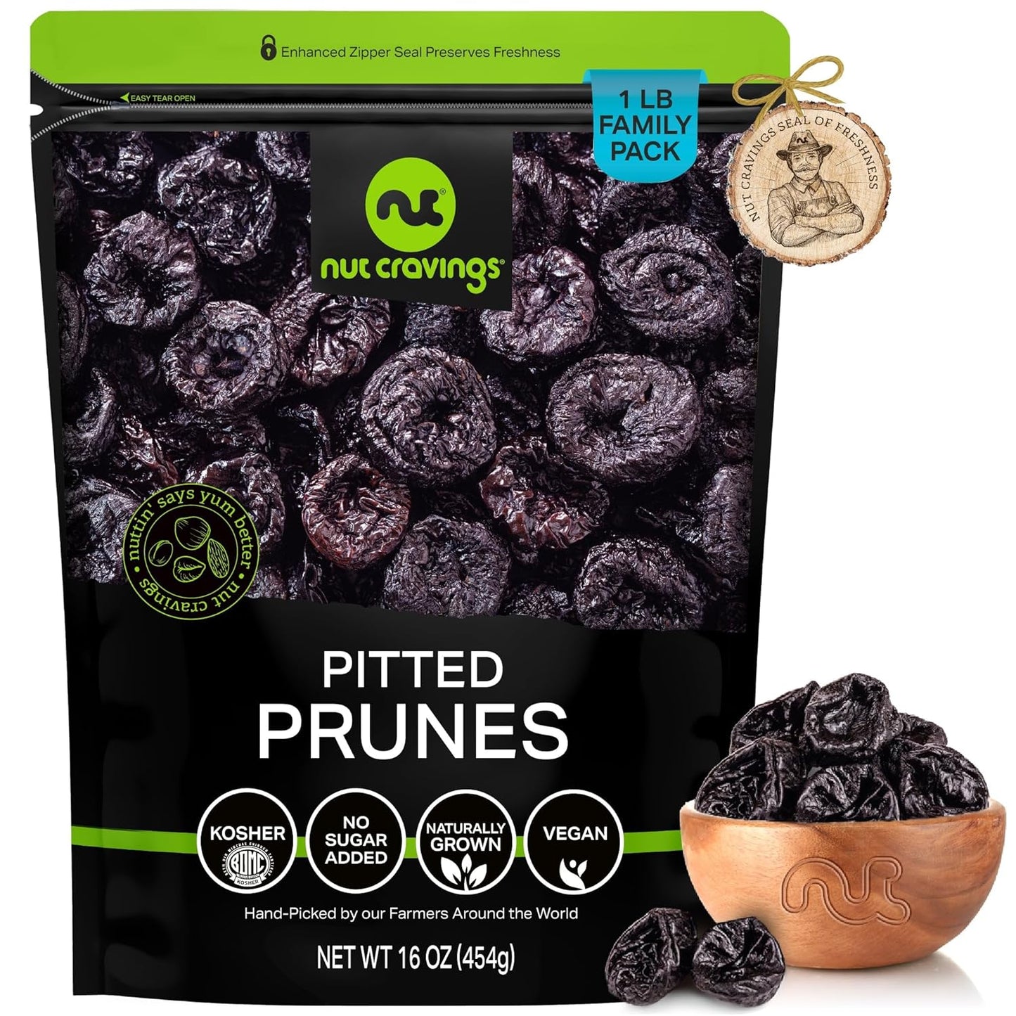 NUT CRAVINGS - Dried Prunes Pitted Unsweetened, Dry Plums No Sugar Added (16oz, 1 LB) Bulk Dry Fruits Packed Fresh in Resealable Bag - Sweet Healthy Snack, Naturally Grown, Vegan, Kosher