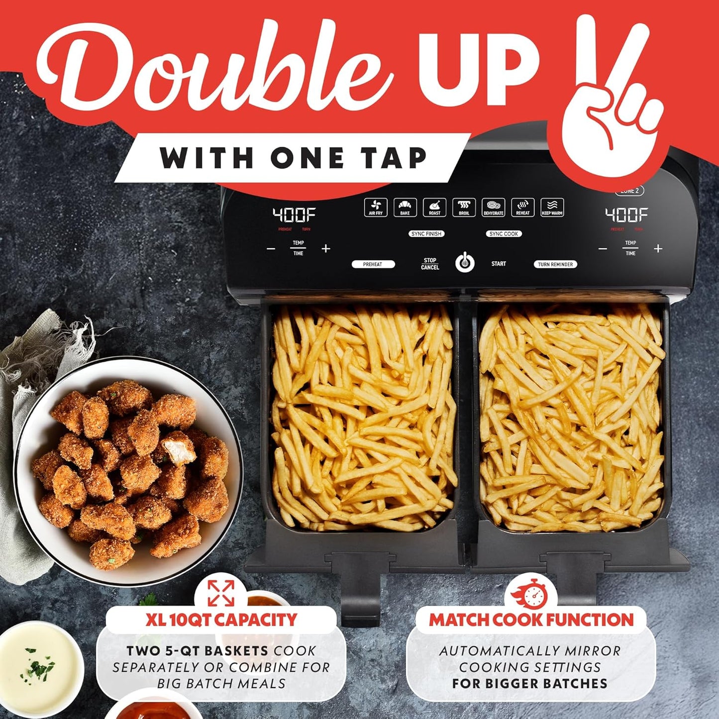 Gourmia Dual Basket Digital Air Fryer – 10 QT, FryForce 360° Technology, 7 Presets, Match Cook & Smart Finish, PTOA-Free Baskets & Crisper Trays, 1600W, Black