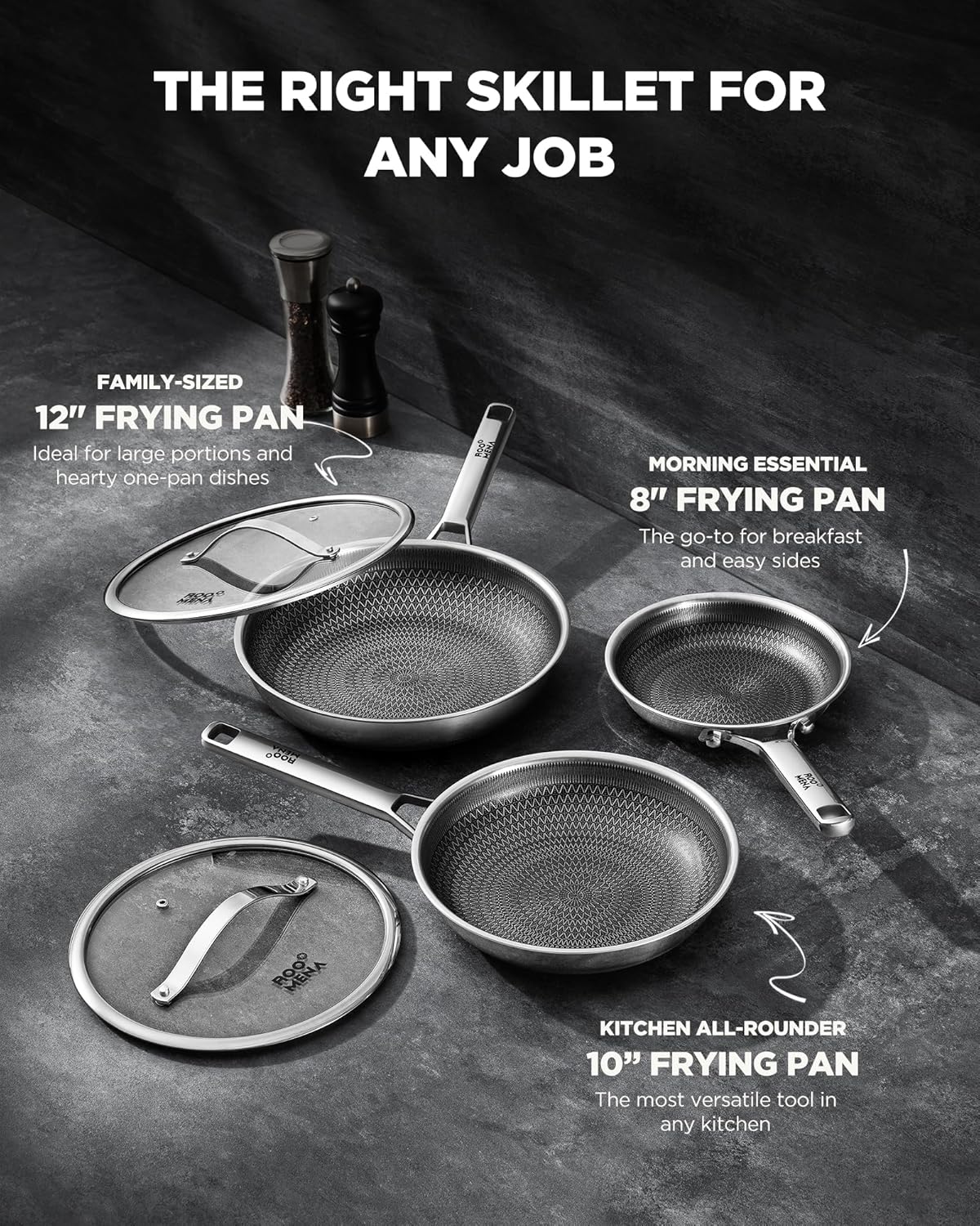 Nonstick Frying Pan Set with 2 Lid, Non-Toxic Tri-Ply Hybrid Ceramic Skillet 3 Piece, 8, 10 & 12 Inch Stainless Steel Pans, PFAS/PFOA/PTFE Free, Dishwasher & Oven Safe, Induction Compatible