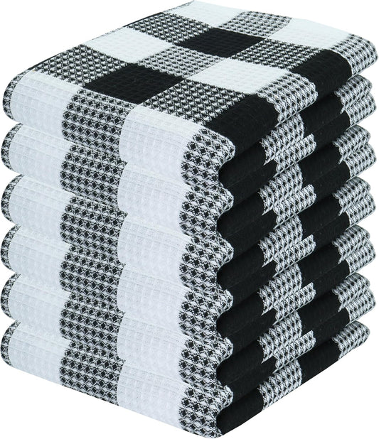 PurpleEssences 100% Cotton Waffle Weave Check Plaid Kitchen Towels, Super Soft and Absorbent Dish Towels for Drying Dishes 15 x 25-6 Pack - Spring Summer - Black and White