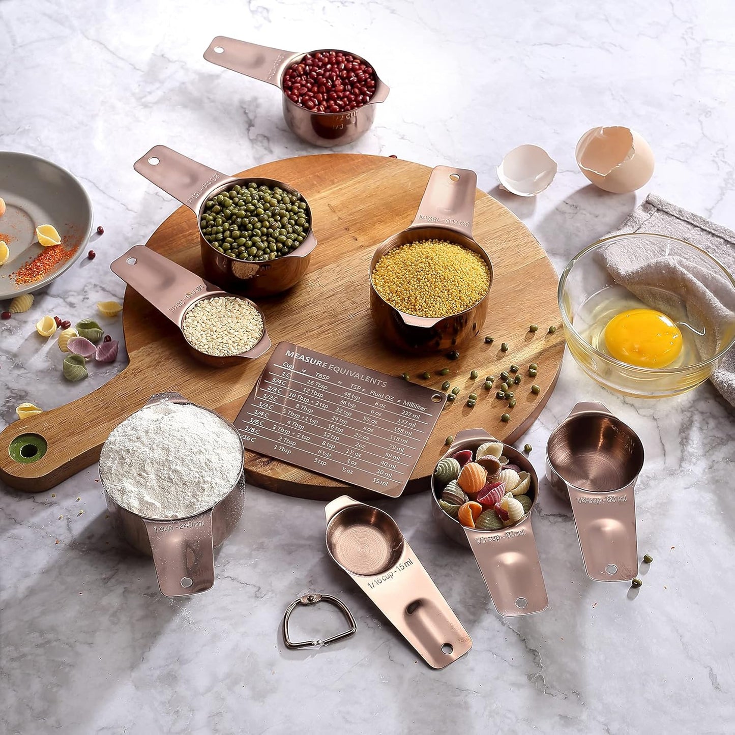 Copper Measuring Cups and Spoons Set (19PCS Set - Antique Copper Plated), 8 Measuring Cups, 9 Measuring Spoons, 1 Leveler and 1 Magnetic Measurement Chart, Stackable for Easy Storage with Gift Box