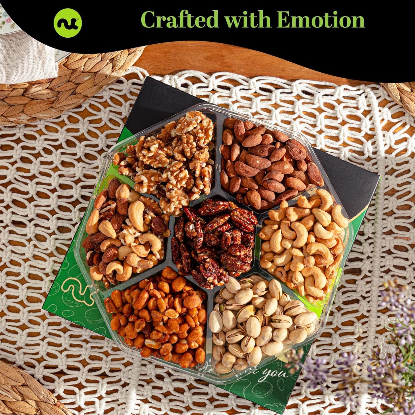 NUT CRAVINGS - Mixed Nuts Gift Basket in Green Gold Box (7 Assortments, 2 LB) Food Arrangement, Healthy Snack Care Package, Food Assortments