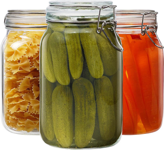 Square Glass Jars with Airtight Lid Set of 3, 50 floz Wide Mouth Mason Jars with Clamp Lids,Glass Sealed Jars with Air Tight Lids, Best for Kitchen & Pantry Food Storage