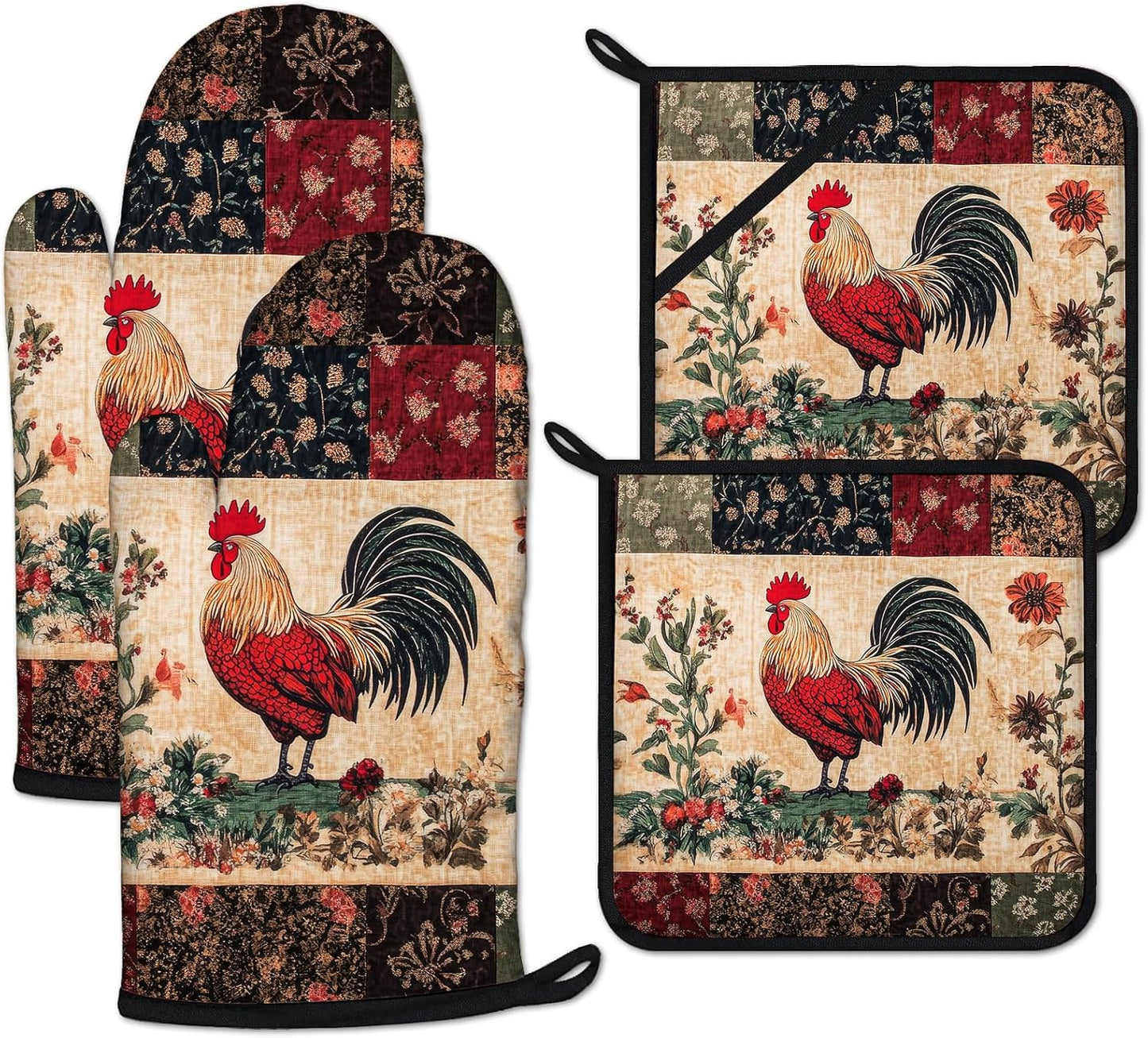Rustic Rooster Oven Mitts and Pot Holders Sets Heat Resistant 4Pcs Potholders Oven Gloves Hot Pads for Kitchen Baking Cooking Grilling BBQ