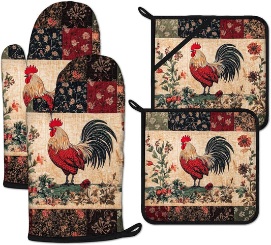 Rustic Rooster Oven Mitts and Pot Holders Sets Heat Resistant 4Pcs Potholders Oven Gloves Hot Pads for Kitchen Baking Cooking Grilling BBQ