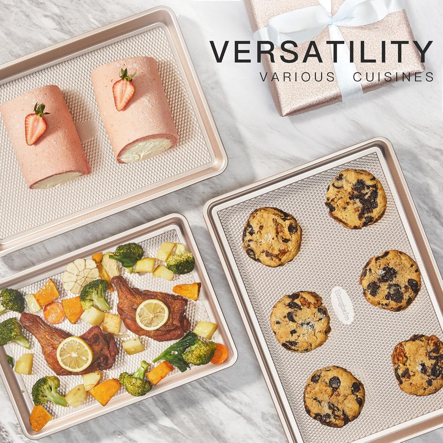 HONGBAKE Baking Sheet Pan Set of 3, Cookie Sheets for Oven, Nonstick Half/Quarter/Jelly Roll Pans with Diamond Texture Pattern, 0.8mm Thick Heavy Duty Cookie Tray, Champagne Gold