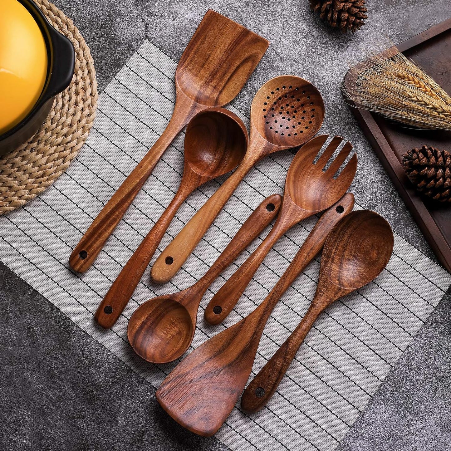 Wooden Non-Stick Kitchen Pan Toolset 7 Pieces Set,100% Natural Teak Kitchen Utensils Spatula, Wooden Cooking Utensils Spoons, Fried Spatula and Salad Fork