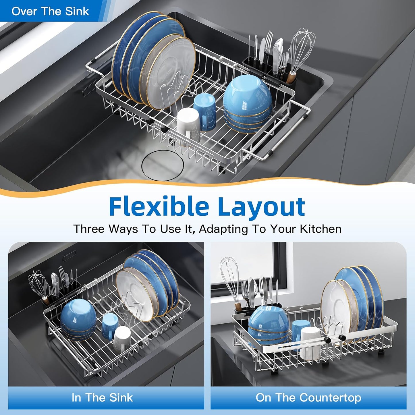 romision Expandable Dish Drying Rack Over The Sink Small Metal Stainless Steel Plate Holder for Compact Kitchen, Space Saving Modern Silver Hanging Drainer