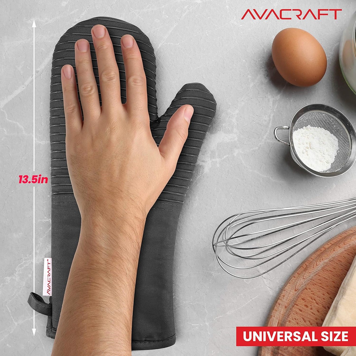 AVACRAFT Oven Mitts Pair, Flexible, 100% Cotton with Unique Heat Resistant Food Grade Silicone, Thick Terry Cloth Interior, 500 F Heat Resistant (Grey Oven Mitts)