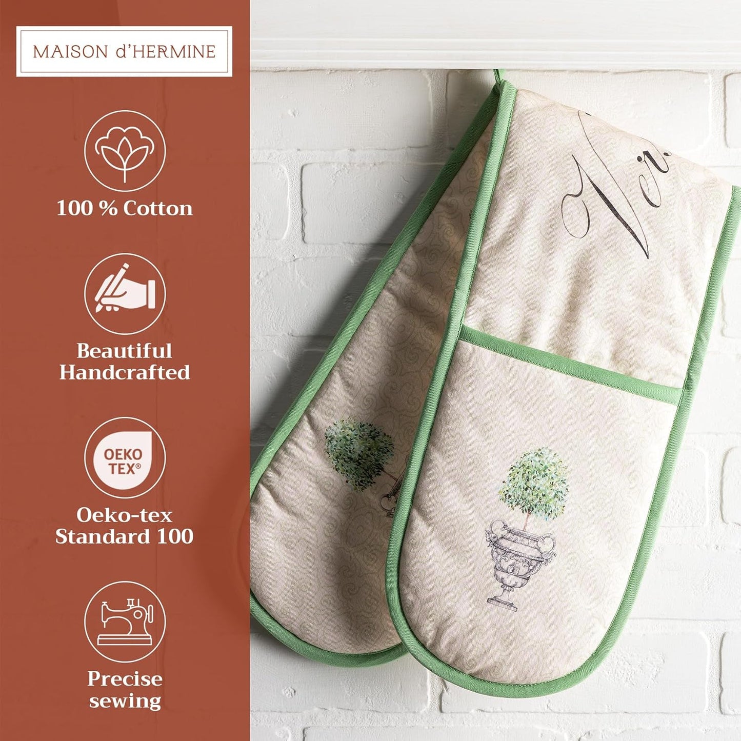 Maison d' Hermine Double Oven Mitts 100% Cotton 7"x35" Double Oven Mitt Heat Resistant BBQ Cooking Gloves with Loop, Baking, Grilling, Home, Kitchen, Handling Hot Pans Spring Summer (Jardin Du Roy)