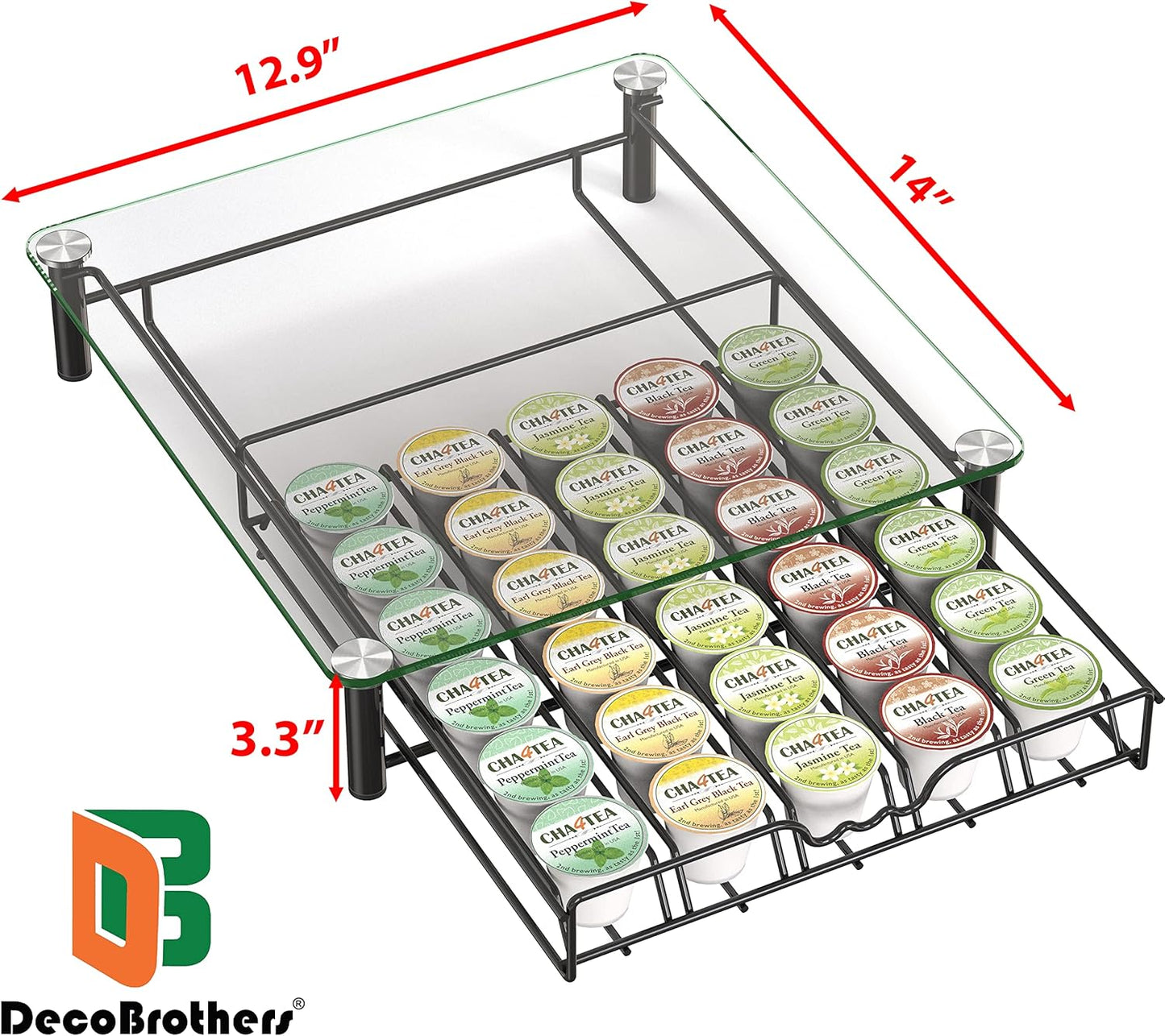 Deco Brothers Crystal Tempered Glass K-Cup Holder Drawer for 30 Coffee Pods Storage, Black