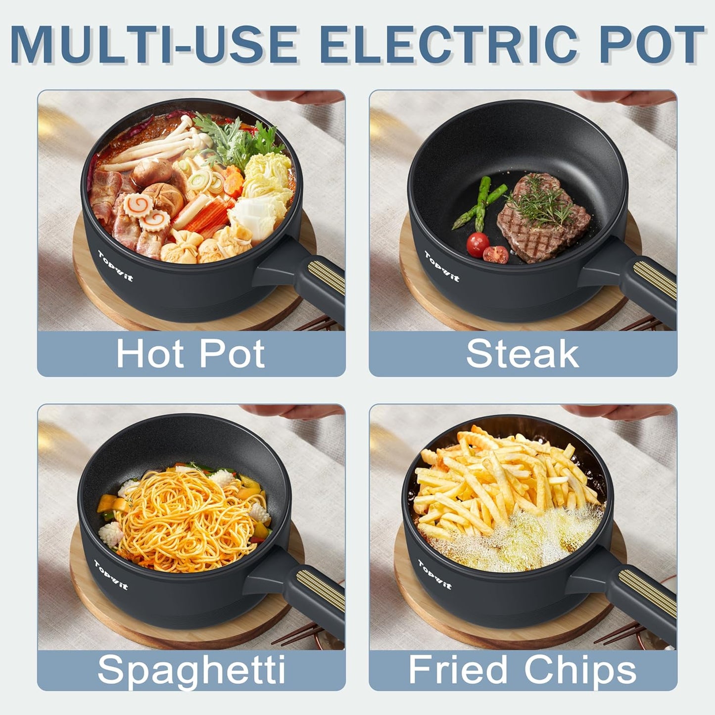 TOPWIT Hot Pot Electric, 2L Electric Pot, Non-Stick Sauté Pan, Portable Cooker for Steak, Egg, Fried Rice, Ramen, Soup with Dual Power Control (Silicone Spatula Included), Grey