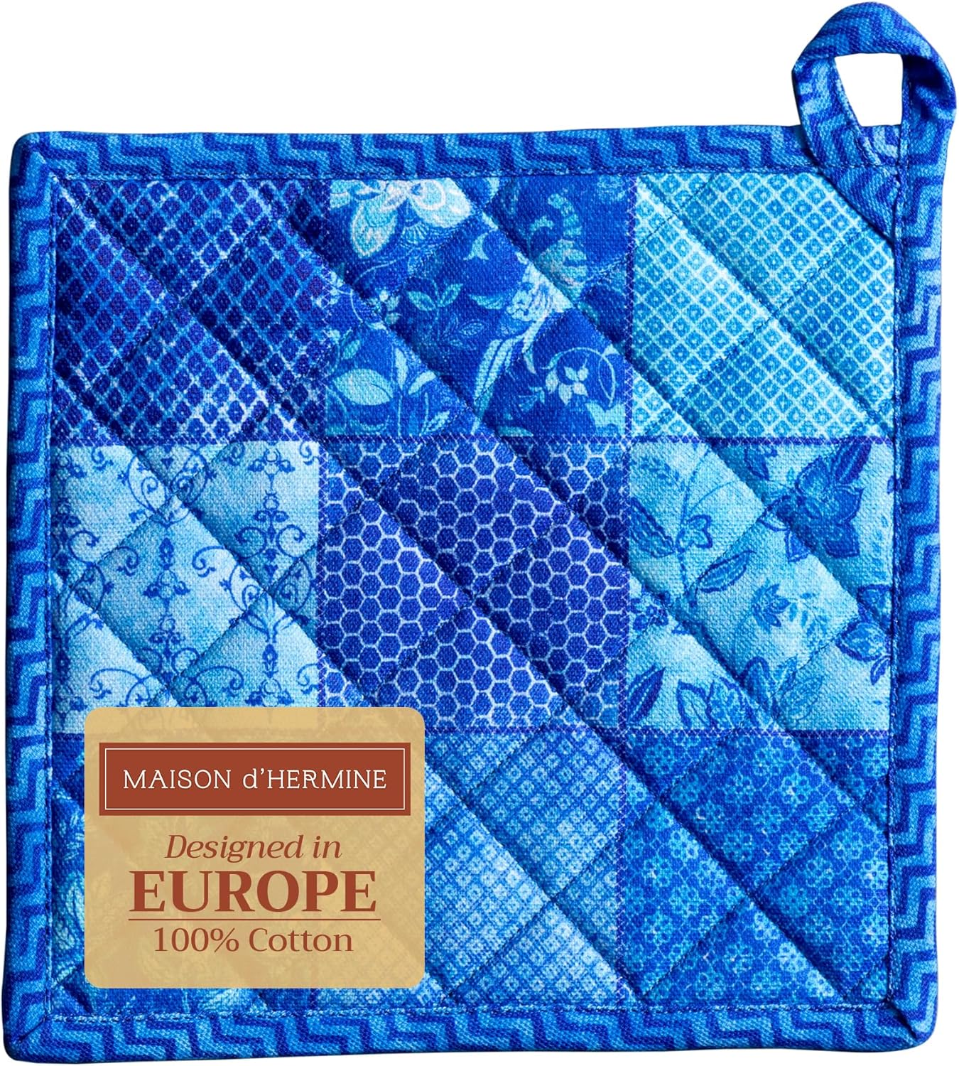 Maison d' Hermine Pot Holders 100% Cotton Heat Resistant Potholders 8" x 8" Hot Pads with Loop BBQ, Cooking, Baking, Grilling, Kitchen, Handling Hot Pans Spring/Summer (Pack of 1, Indigo Love)