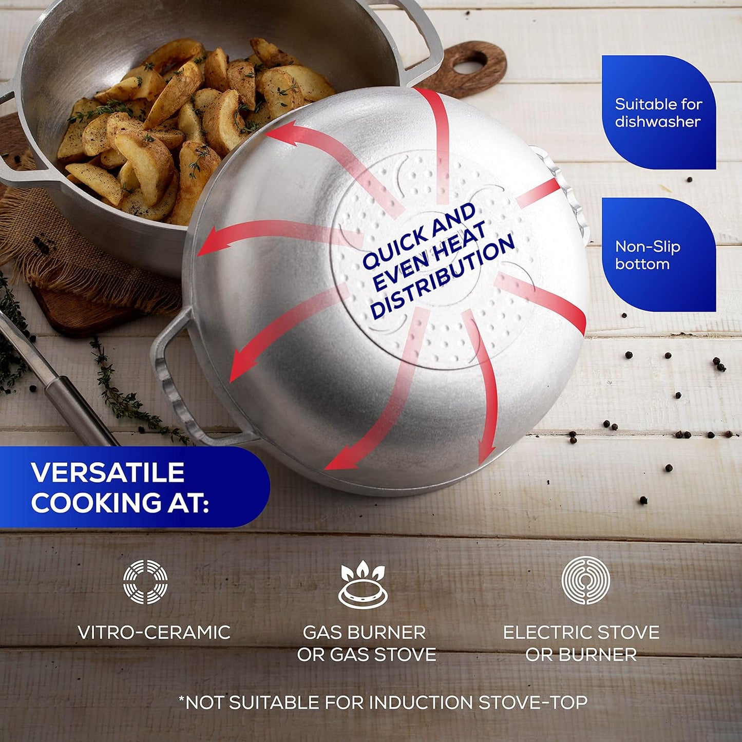 Universal (Medium Size) Caldero 12 Cups - 4.2 QT / 4 L, Stainless Aluminum Pot, Even Heat Distribution and Fast Cooking Dutch Oven Pot, Ergonomic Handles, Ideal for Rice, French Fries, and More