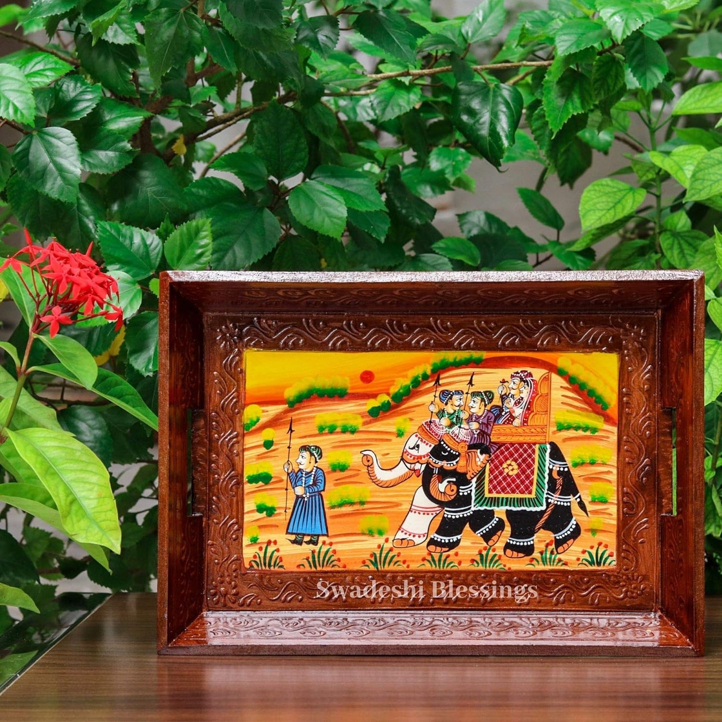Swadeshi Blessings Wooden Serving Tray Set- Handcrafted & Hand-Painted for Kitchen/Table & Home Decor/Dinning/Gifts/Restaurants/Living Room/Coffee Table (Set of 3 Trays) (Brown)