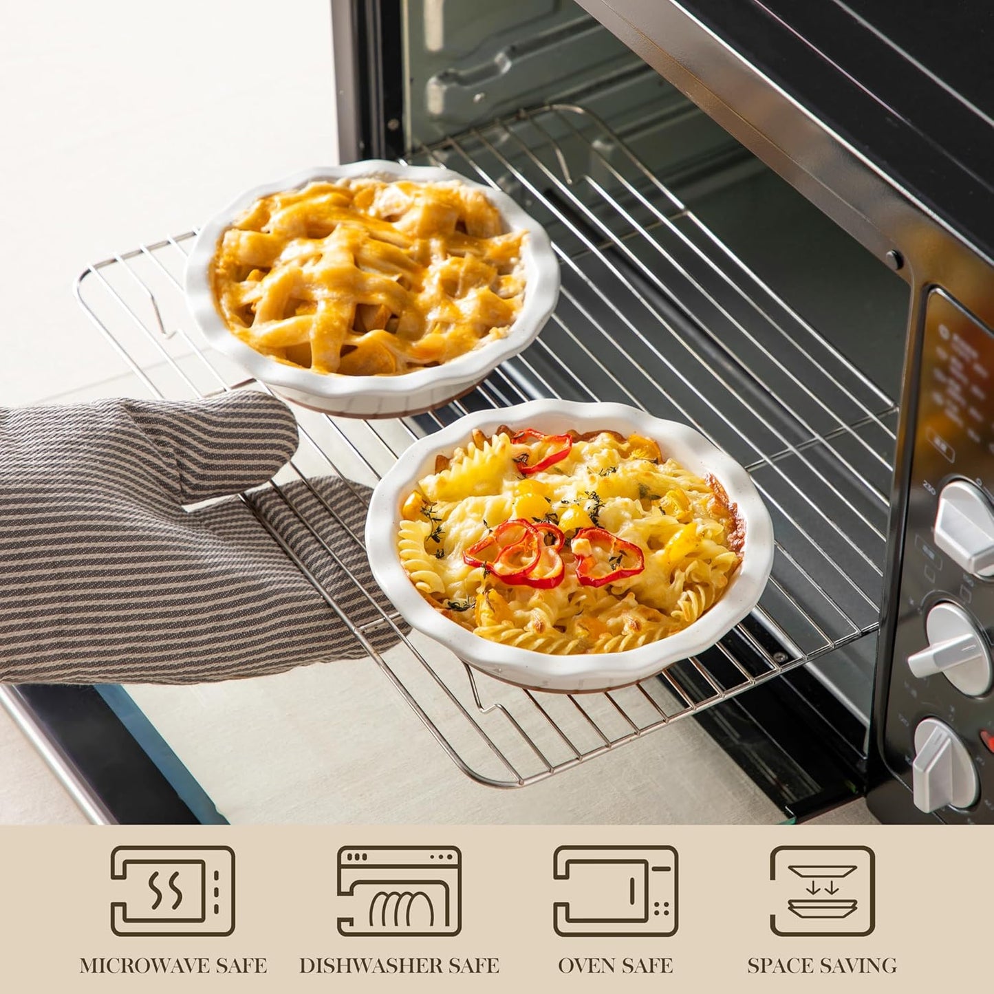 MALACASA Ceramic Mini Pie Pans Set of 6, 6 Inch Pie Plates for Baking with Ruffled Edge, Small Quiche Baking Dish Pans Tart Pans, Individual Pot Pie Plates, Microwave & Oven Safe, Khaki White